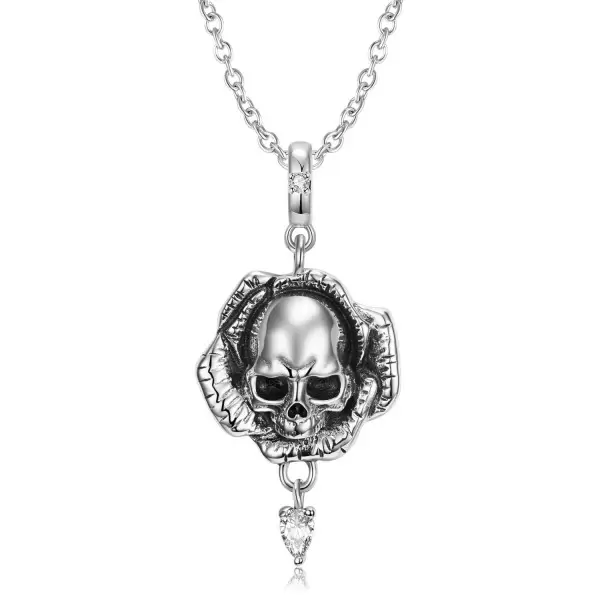 Halloween Gift Rose Skull Necklace in Blacken Sterling Silver