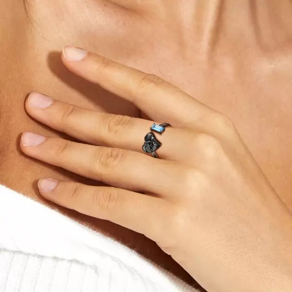 Halloween Gift Black Skull Aquamarine Adjustable Ring