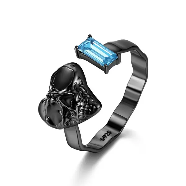Halloween Gift Black Skull Aquamarine Adjustable Ring