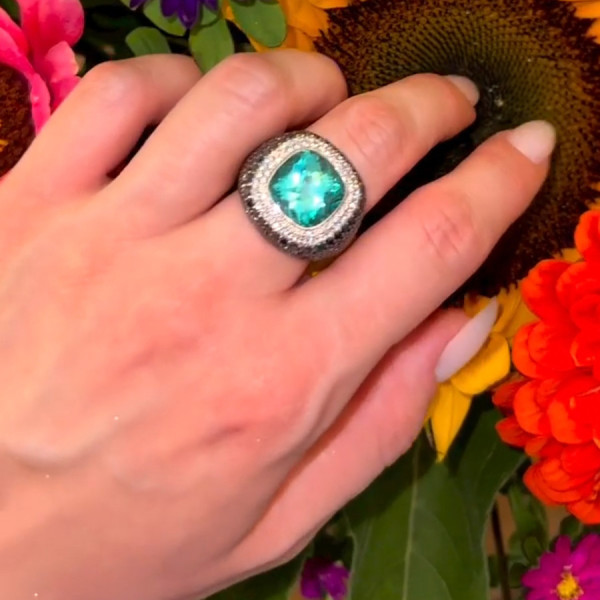 7.4ct Cushion Cut Paraiba Paved Cocktail Ring