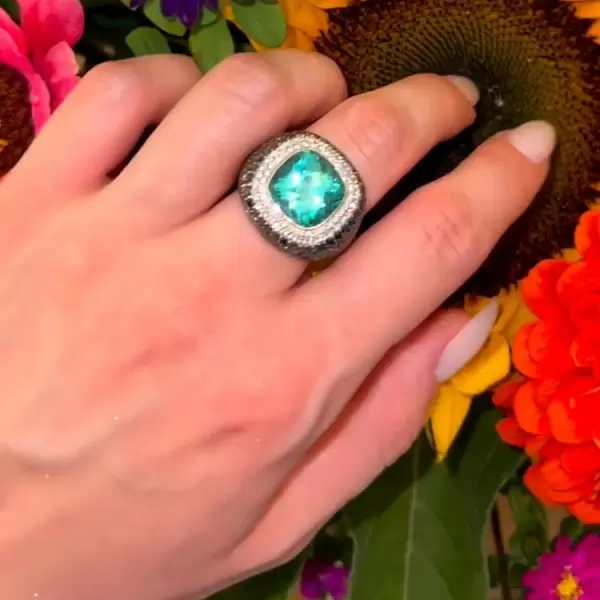 7.4ct Cushion Cut Paraiba Paved Cocktail Ring