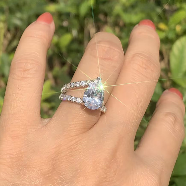 3ct Pear Cut White Sapphire Asymmetrical Engagement Ring