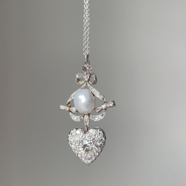 One of Kind Baroque Pearl Art Deco Crowned Heart Necklace