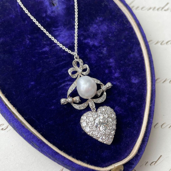 One of Kind Baroque Pearl Art Deco Crowned Heart Necklace