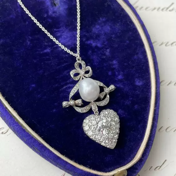 One of Kind Baroque Pearl Art Deco Crowned Heart Necklace