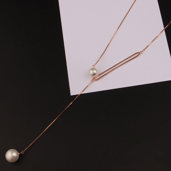 Simple Pearl Pendant Sterling Silver Long Necklace