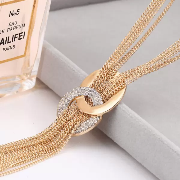 Woman Rhinestone Metal Pendant Long Tassel Necklace