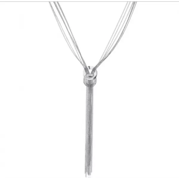Woman Rhinestone Metal Pendant Long Tassel Necklace