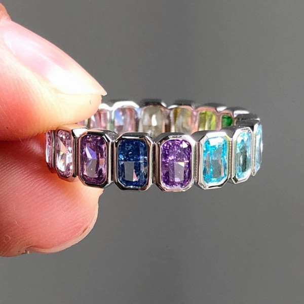 10ctw Radiant Cut Multicolor Sapphire Rainbow Eternity Ring