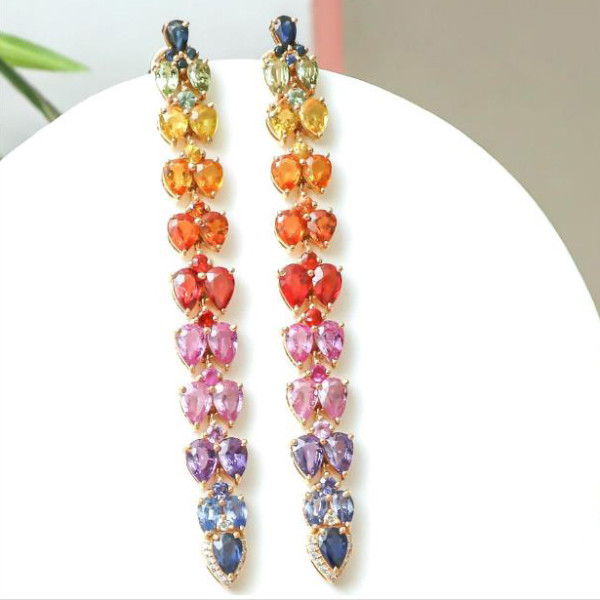 20ctw Pear Cut Rainbow Sapphire Long Earrings