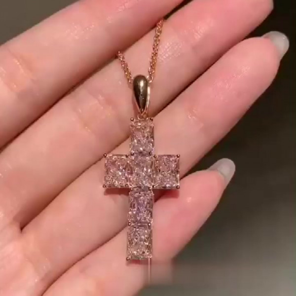 Radiant Cut Pink Sapphire Cross Necklace