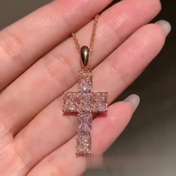 Radiant Cut Pink Sapphire Cross Necklace