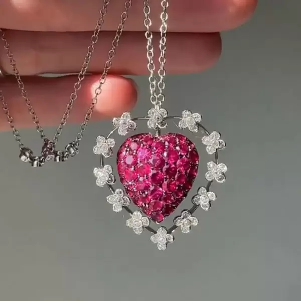 8ctw Ruby and White Flower Halo Heart Necklace