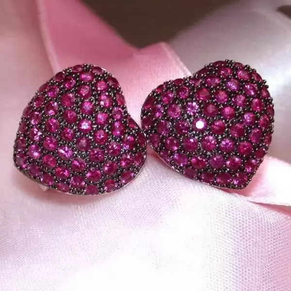 17MM Wide Paved Ruby Heart Stud Earrings