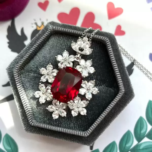 Vintage 12ct Cushion Cut Ruby Flower Necklace