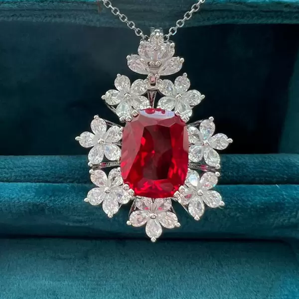 Vintage 12ct Cushion Cut Ruby Flower Necklace