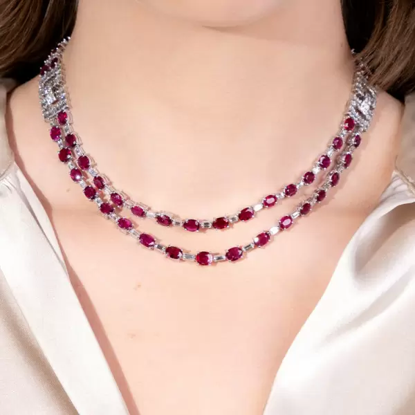 52ctw Oval Cut Ruby Art-deco Two Row Statement Necklace