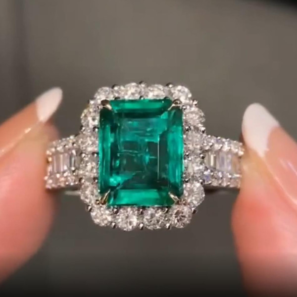 2.3ct Halo Emerald Cut Emerald Engagement Ring