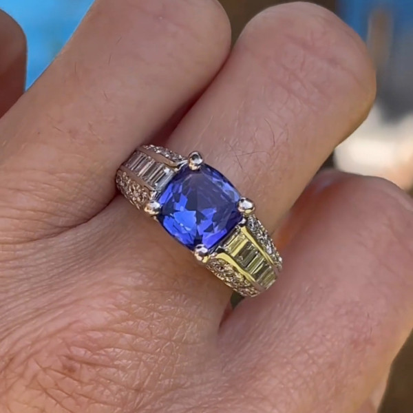 5.6ct Cushion Cut Tanzanite Blue Sapphire Engagement Ring