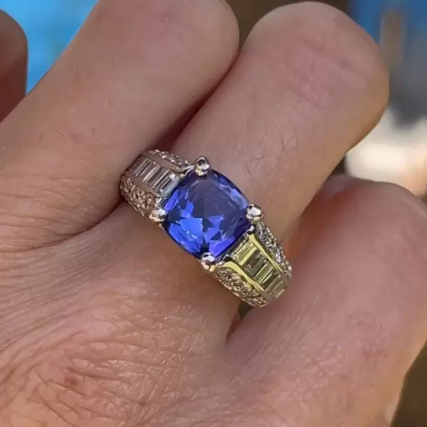 5.6ct Cushion Cut Tanzanite Blue Sapphire Engagement Ring