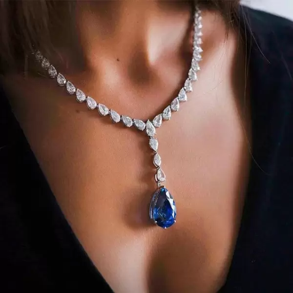 Pear Cut Blue Sapphire Pendant Necklace