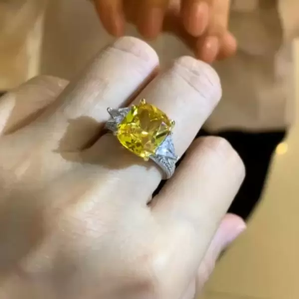 6ct Cushion Cut Yellow Sapphire Three Stone Engagement Ring