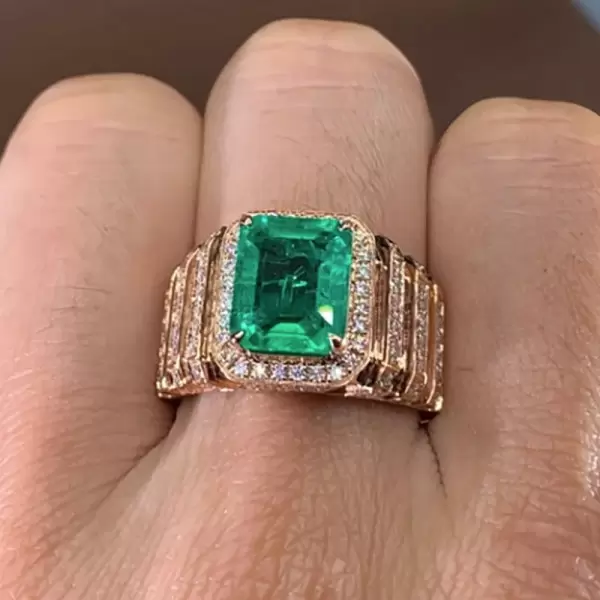6ct Emerald Cut Emerald Halo Paved Cocktail Ring