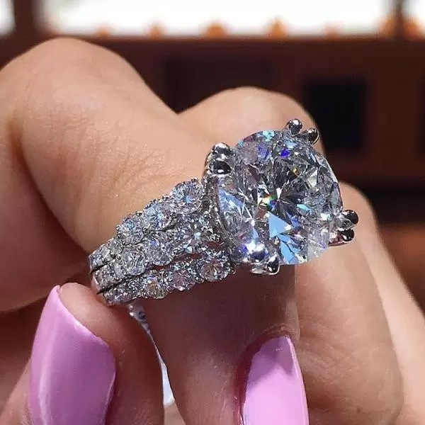 Round Cut Three-Row Engagement Ring