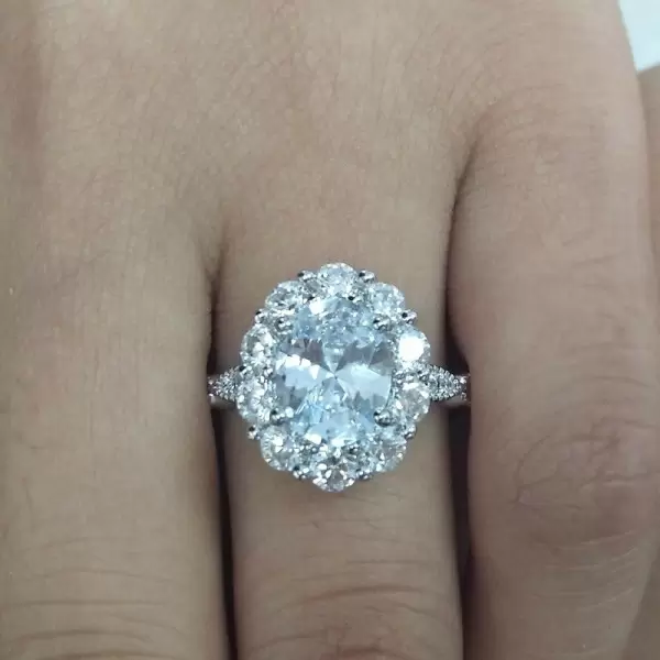 Handmade 2 Ct Oval Cut Large Halo Sterling Silver Engagement Ring