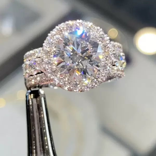 6.8ct Halo Round Cut White Sapphire Side Paved Engagement Ring
