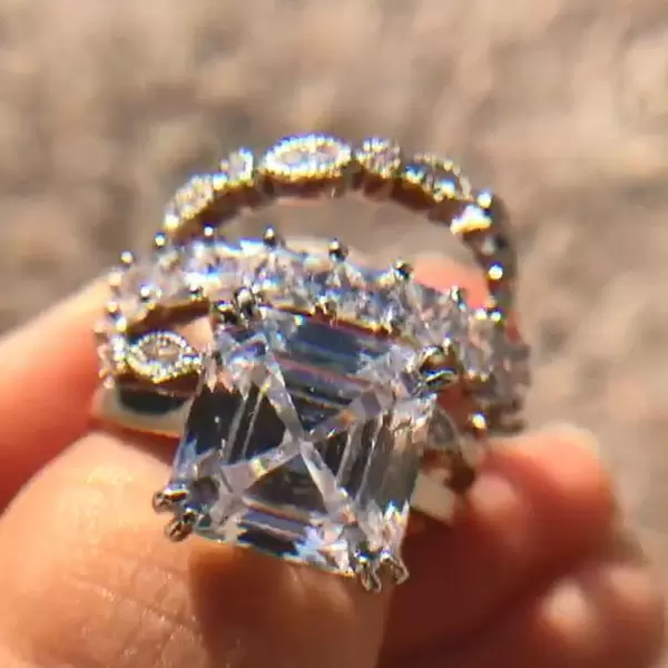 2ct Asscher Cut White Sapphire 3pcs Bridal Set