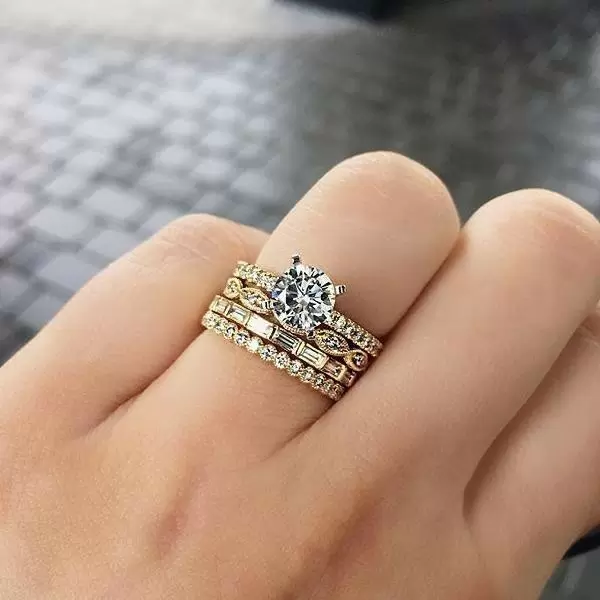 Handmade 2 Ct Prong Setting 18K Gold Plated Sterling Silver Brilliant Cut Ring Set