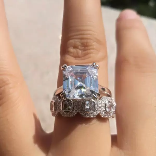 Handmade Asscher Cut Ring With Asscher Halo Eternity Band