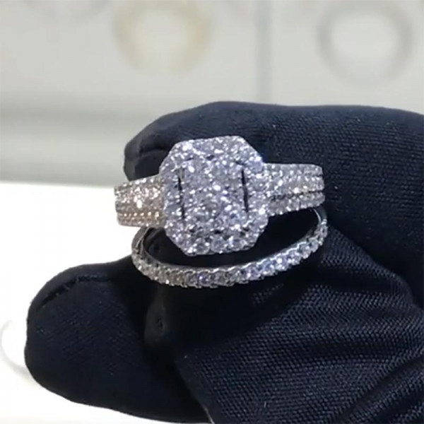 Handmade Halo Radiant Shape Sterling Silver Ring Set