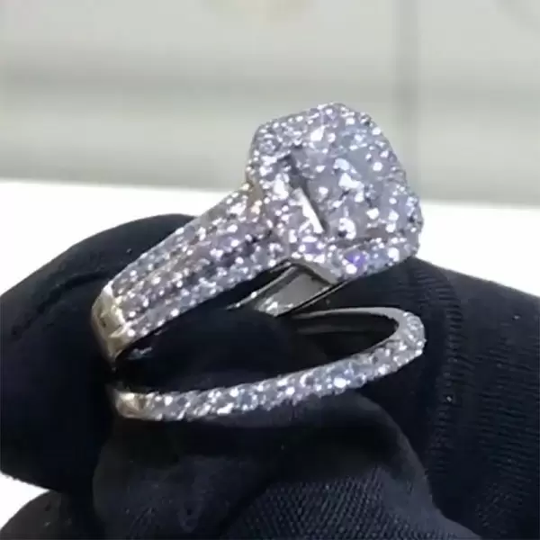 Handmade Halo Radiant Shape Sterling Silver Ring Set