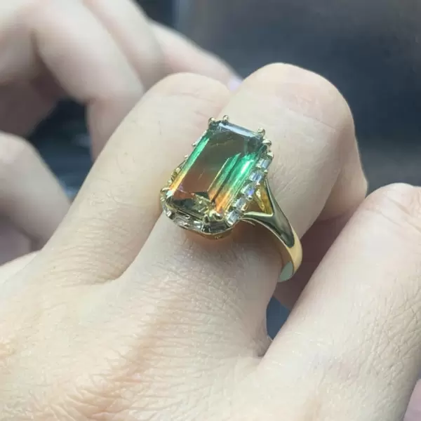 6.2ct Halo Emerald Cut Bicolor Tourmaline Engagement Ring