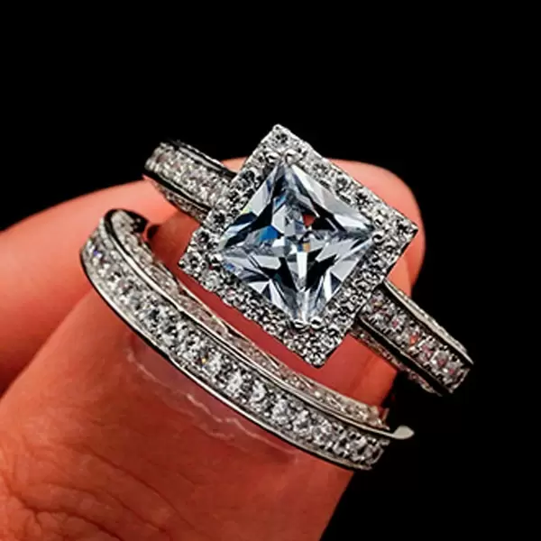 Handmade 2 Ct Halo Princess Cut Sterling Silver Ring Set