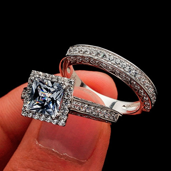 Handmade 2 Ct Halo Princess Cut Sterling Silver Ring Set