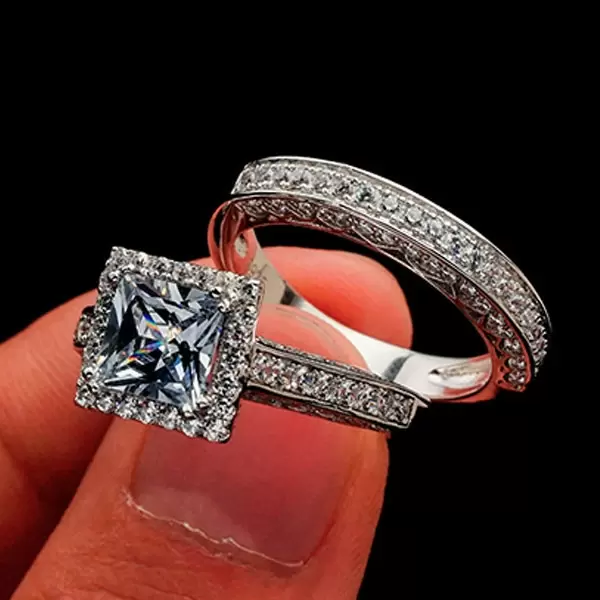Handmade 2 Ct Halo Princess Cut Sterling Silver Ring Set