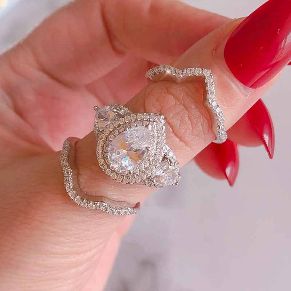 Handmade Double Halo 1.4 ct Pear Cut 3 Stone Ring Set