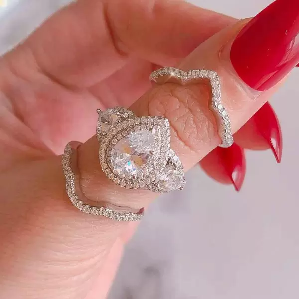 Handmade Double Halo 1.4 ct Pear Cut 3 Stone Ring Set