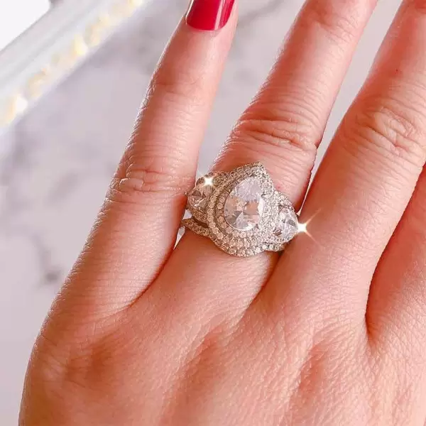 Handmade Double Halo 1.4 ct Pear Cut 3 Stone Ring Set