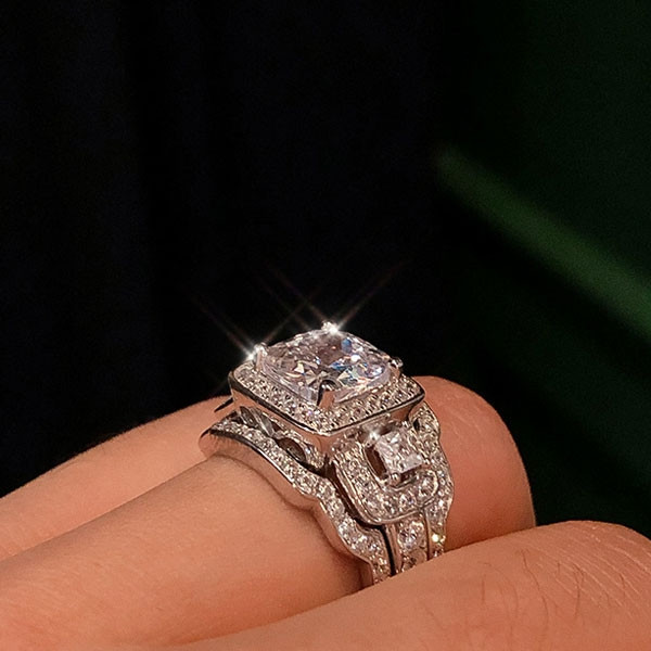 2ct Cushion Cut White Sapphire 3pcs Bridal Set