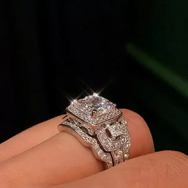 2ct Cushion Cut White Sapphire 3pcs Bridal Set
