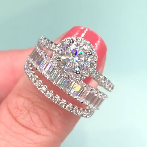 Handmade Round Cut 3 Piece Ring Set With 2 Bands