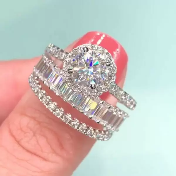 Handmade Round Cut 3 Piece Ring Set With 2 Bands