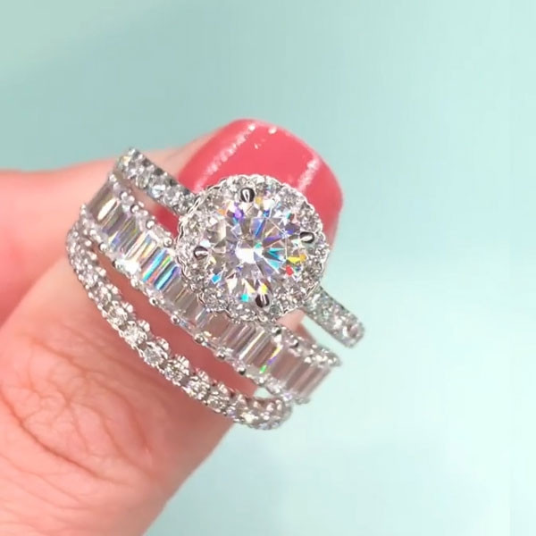 Handmade Round Cut 3 Piece Ring Set With 2 Bands