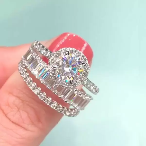 Handmade Round Cut 3 Piece Ring Set With 2 Bands