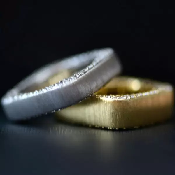Paved White Sapphire Matte Square Wedding Band