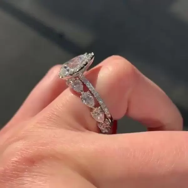 Handmade Pear Cut Halo Sterling Silver Ring Set